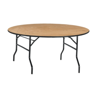 table ronde en bois de diamètre 180cm pouvant accueillir 8 à 10 personnes.