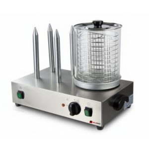 Machine à hot dog en inox avec 4 plots chauffants et cuve vapeur pour saucisses, idéale pour professionnels et événements en location par Loc'Ambiances