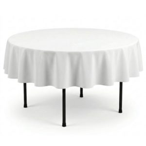 Location Nappe ronde blanche en polyester diamètre 3 mètres installée sur table ronde, idéale pour mariage et réception événementielle.