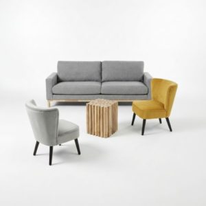 Location de mobilier ensemble Scandy composé de 2 fauteuils, un canapé et un bout de canapé
